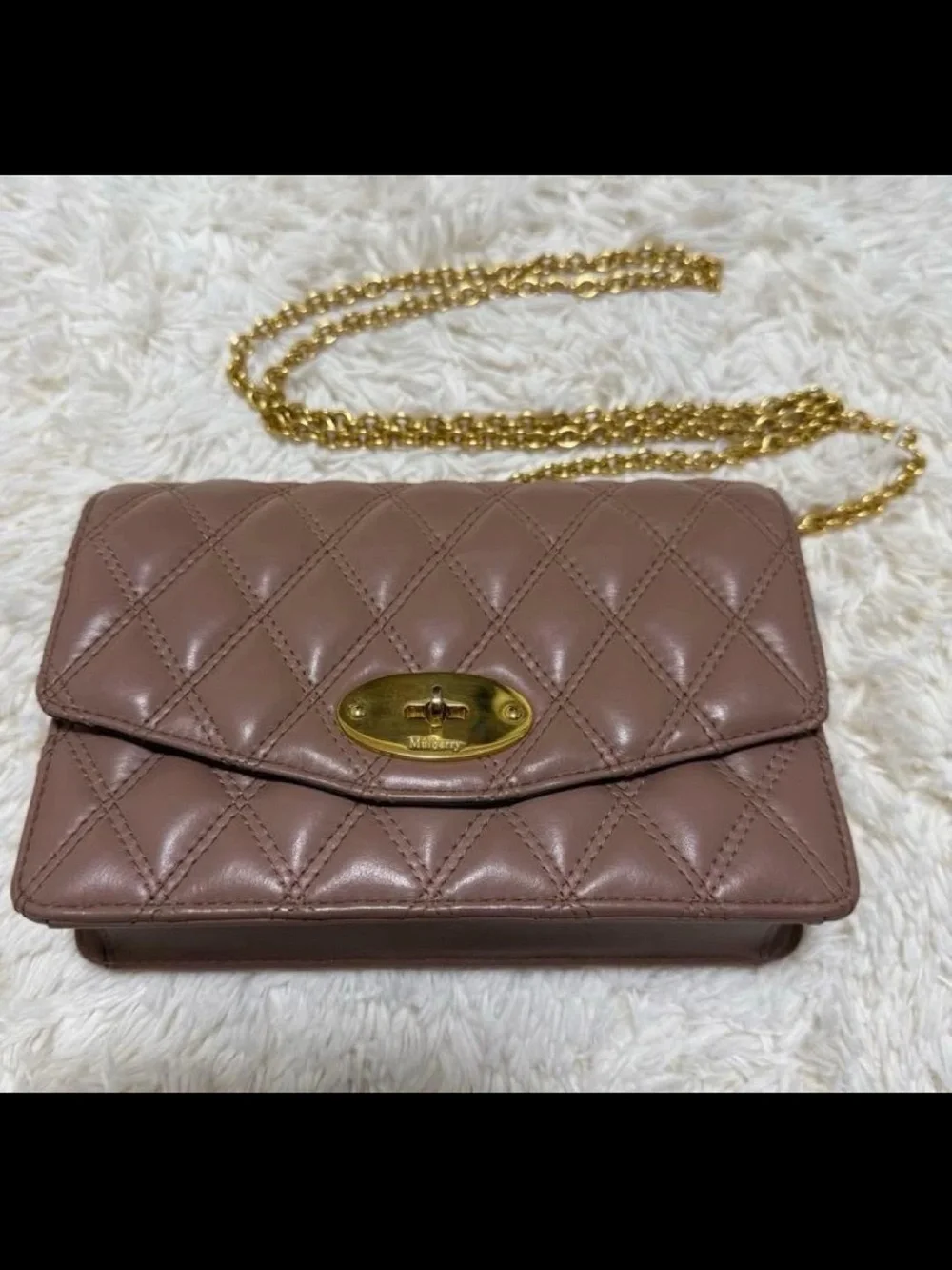Mulberry Quilted Crossbody Bag in Taupe with Gold Chain